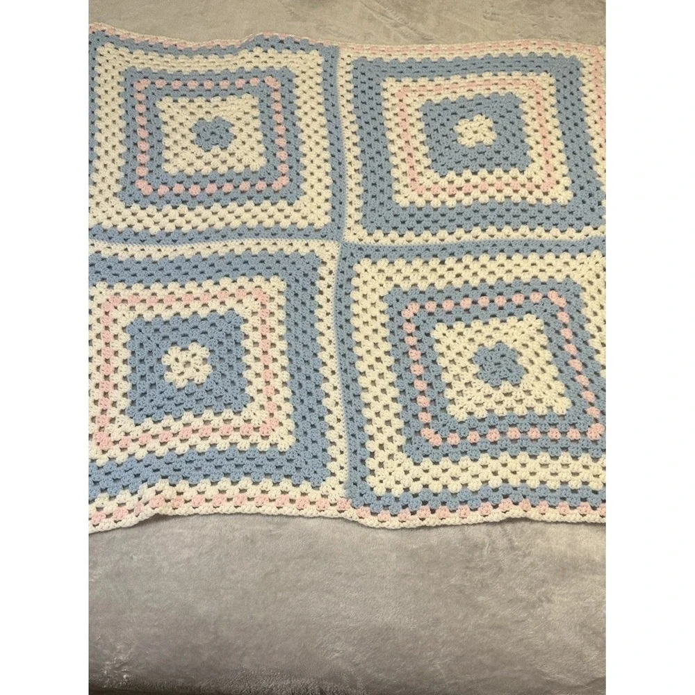 Granny Square Afghan Baby Lap Blanket Pastel Pink Blue  Hand Crocheted 35